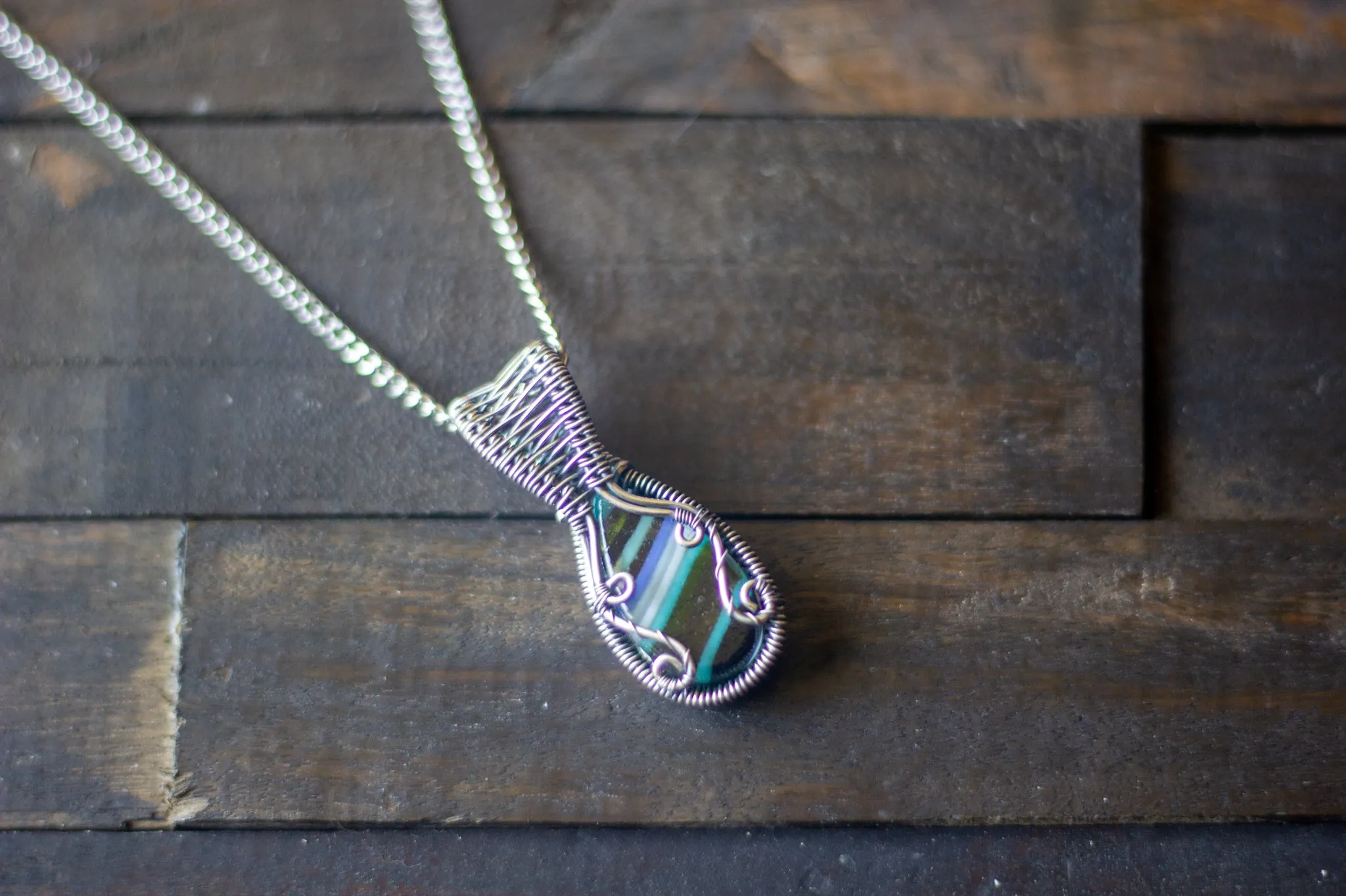 Sterling Silver Teardrop Pendant with Streaked Blue and Green Fused Glass