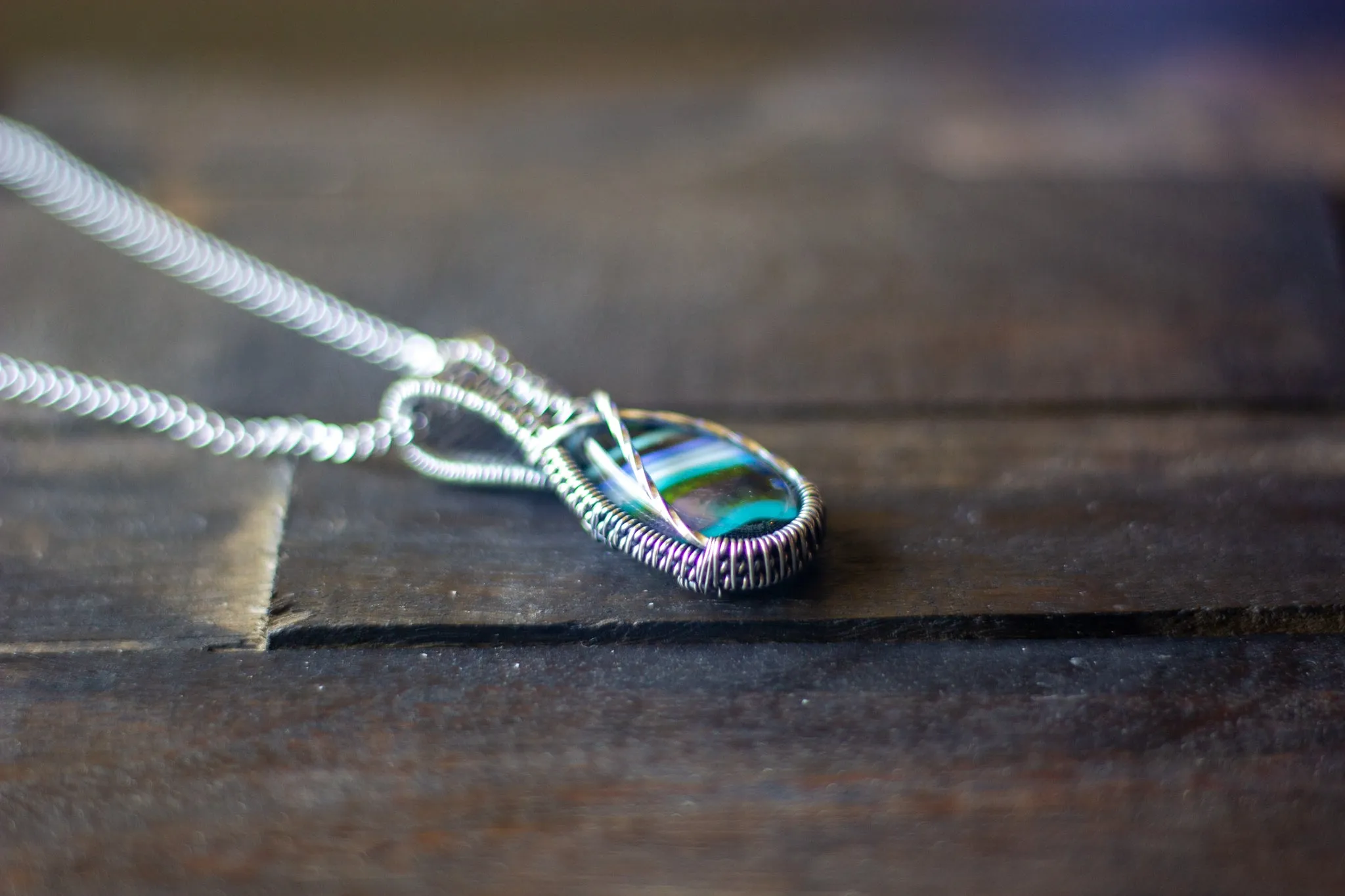 Sterling Silver Teardrop Pendant with Streaked Blue and Green Fused Glass