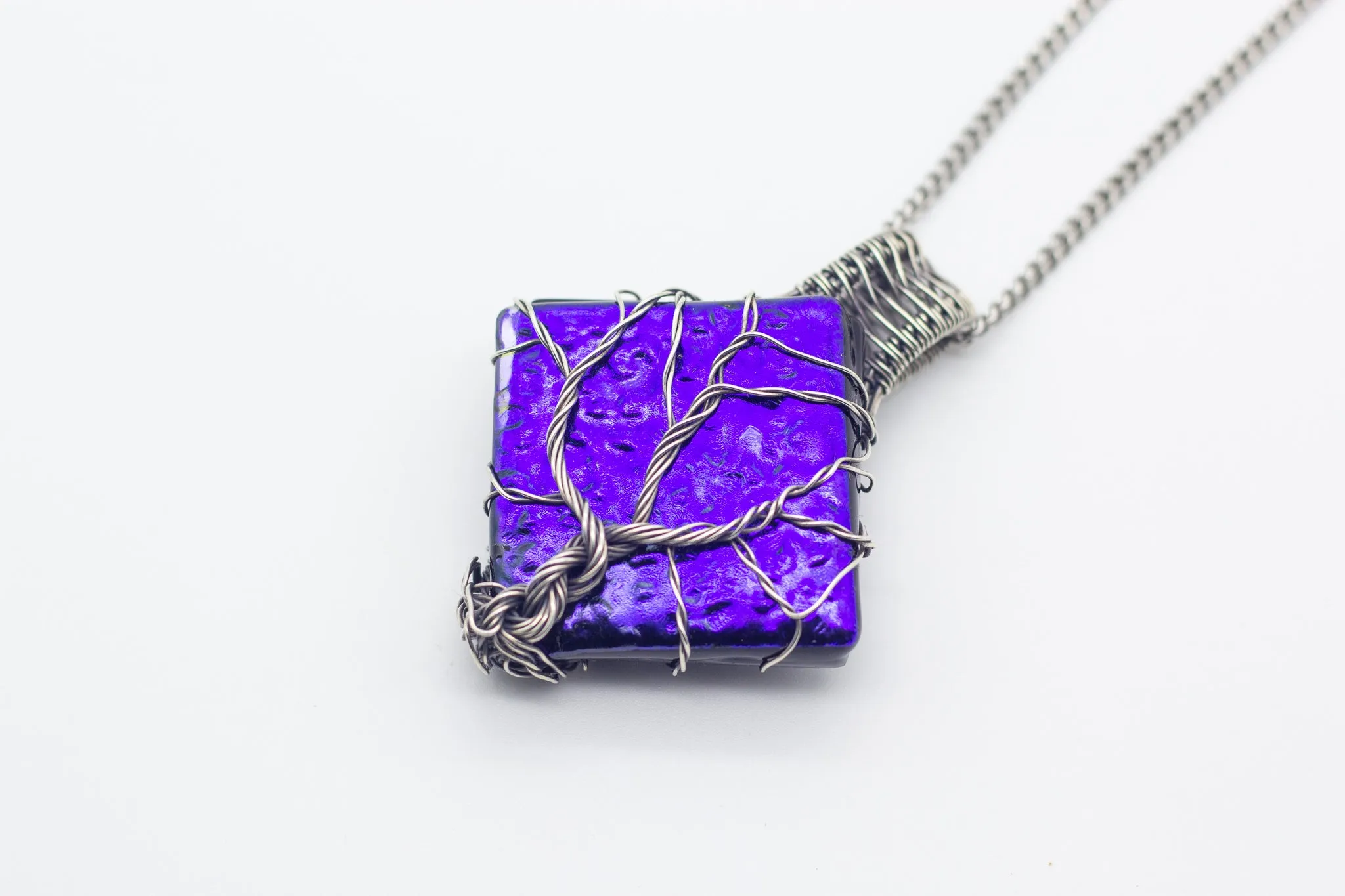 Sterling Silver Tree of Life Pendant with Dichroic Blue Fused Glass