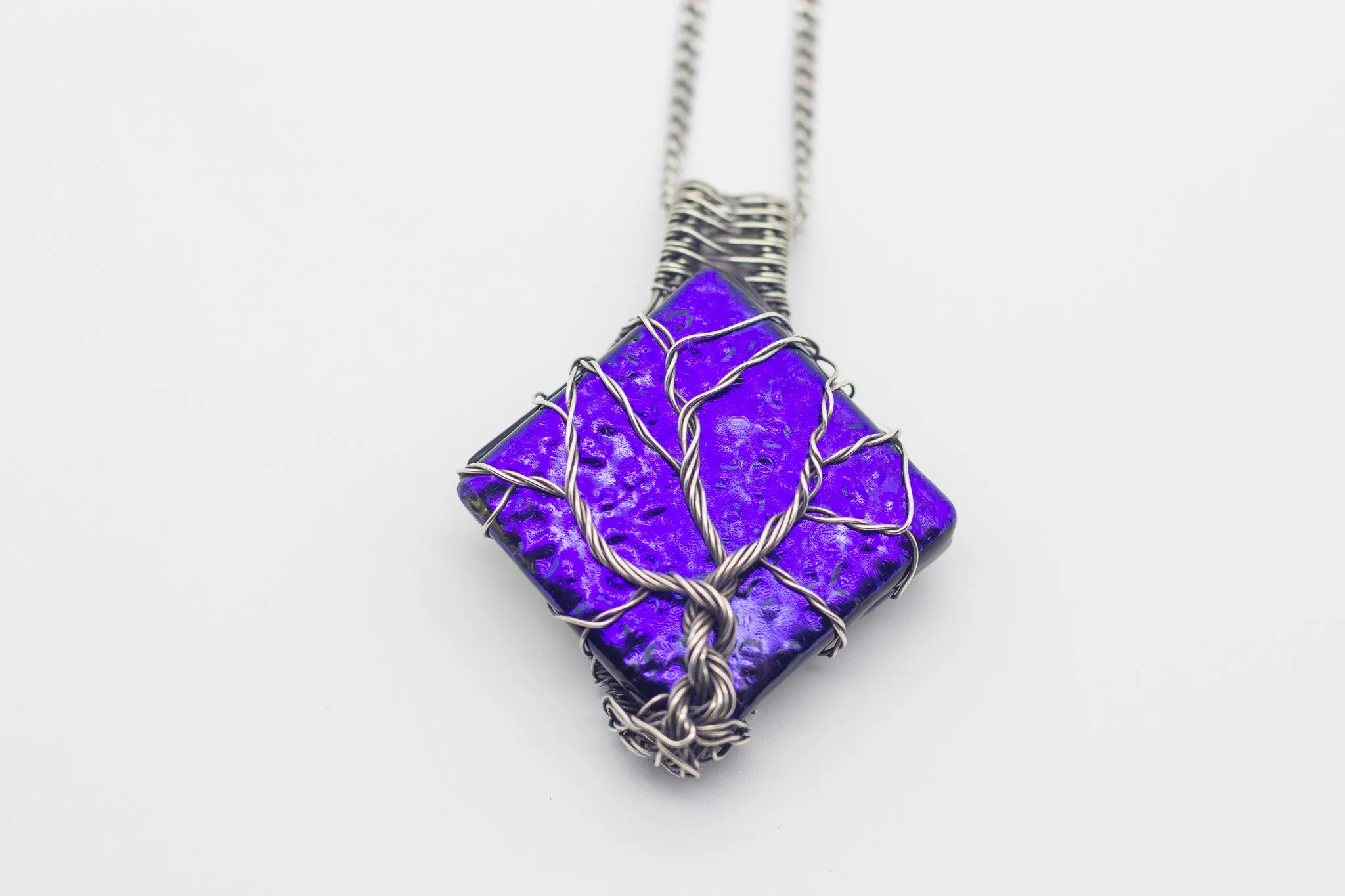 Sterling Silver Tree of Life Pendant with Dichroic Blue Fused Glass