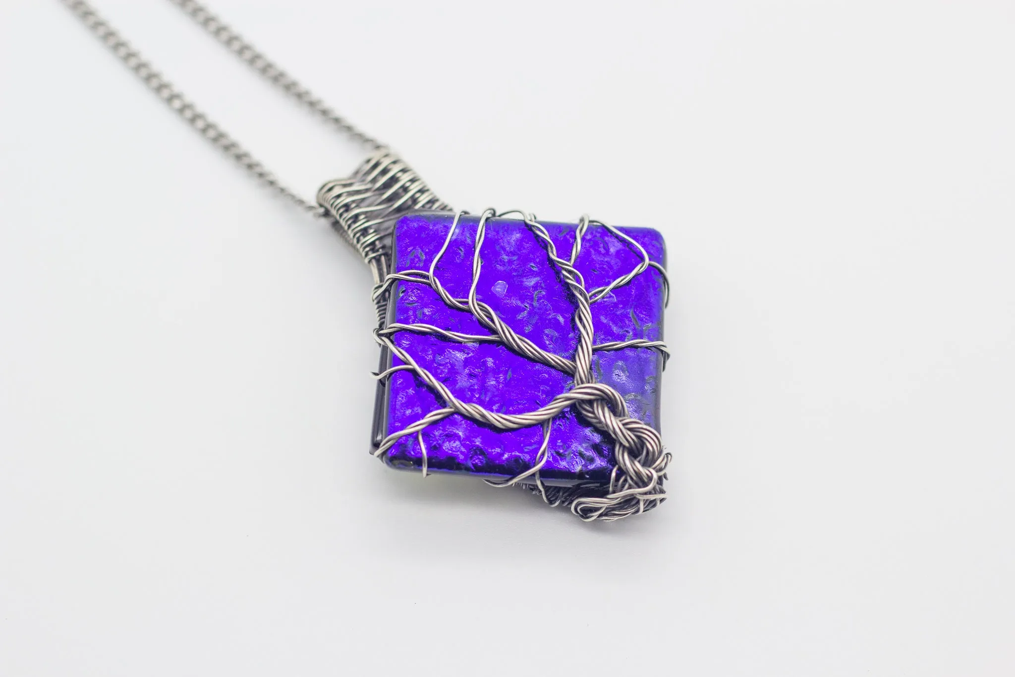 Sterling Silver Tree of Life Pendant with Dichroic Blue Fused Glass