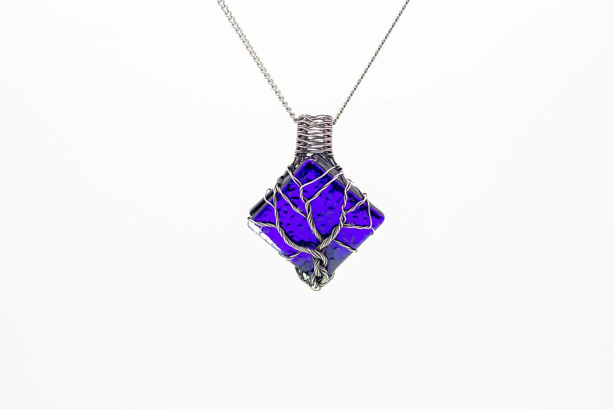 Sterling Silver Tree of Life Pendant with Dichroic Blue Fused Glass