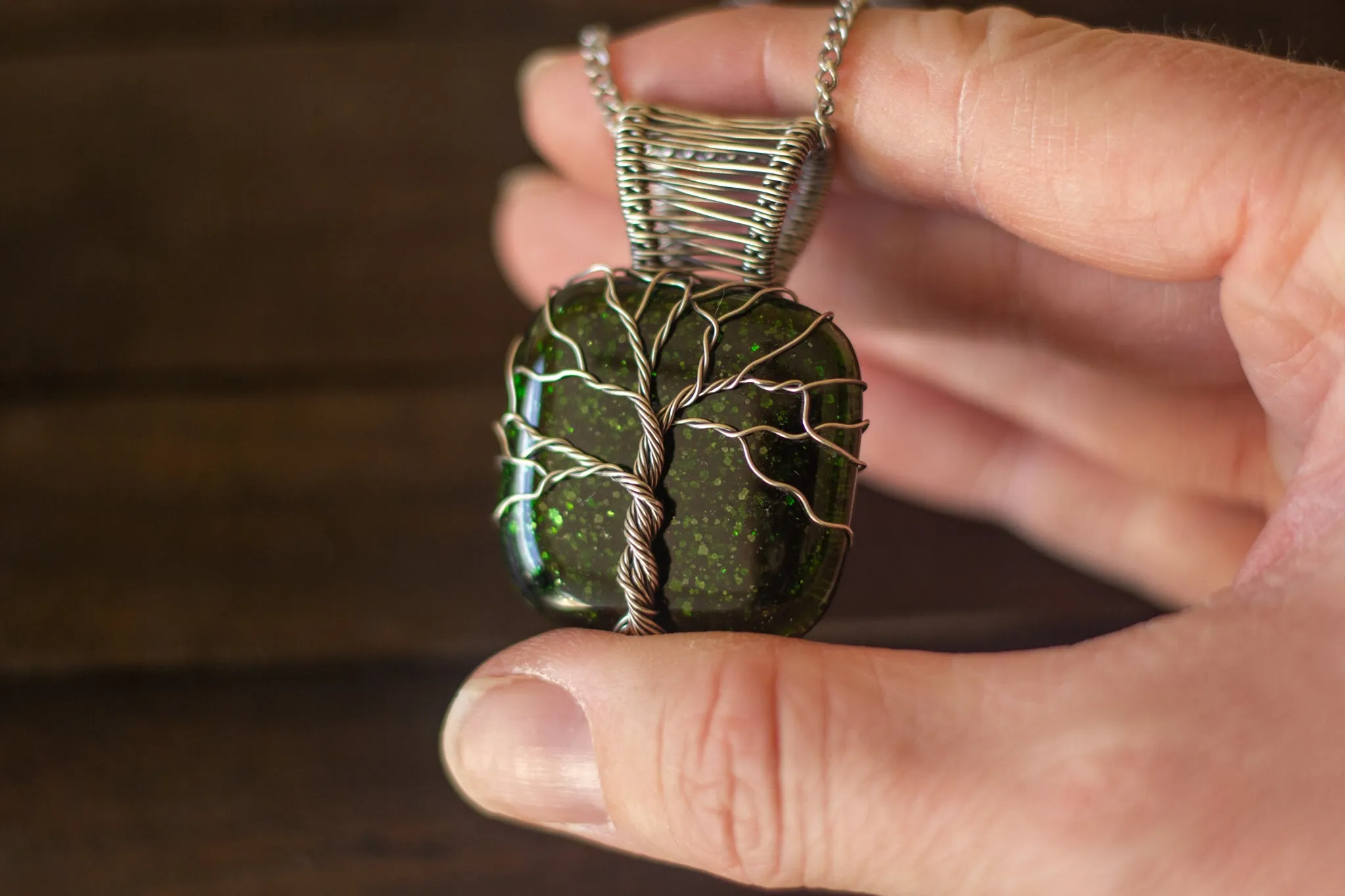 Sterling Silver Tree of Life Pendant with Glittery Dichroic Green Fused Glass
