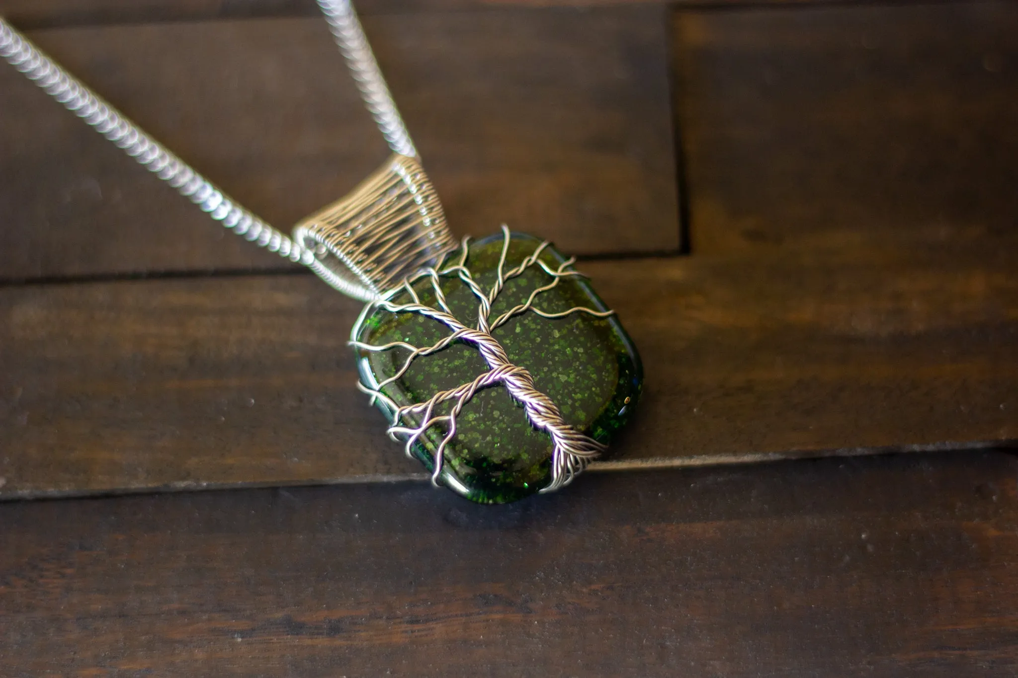 Sterling Silver Tree of Life Pendant with Glittery Dichroic Green Fused Glass