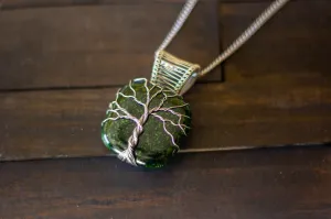 Sterling Silver Tree of Life Pendant with Glittery Dichroic Green Fused Glass