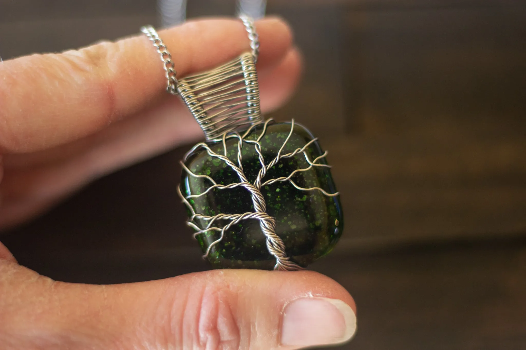 Sterling Silver Tree of Life Pendant with Glittery Dichroic Green Fused Glass