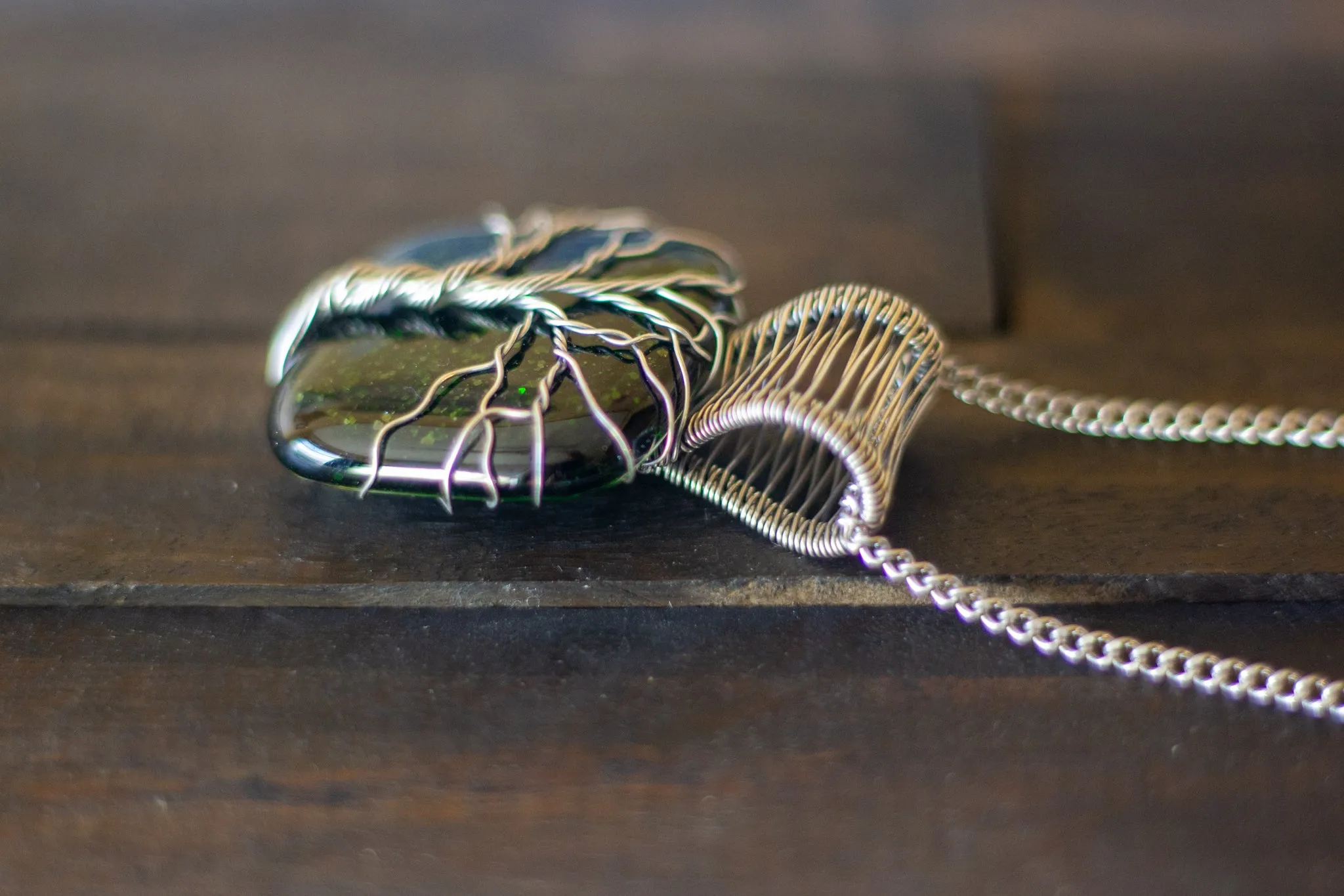 Sterling Silver Tree of Life Pendant with Glittery Dichroic Green Fused Glass