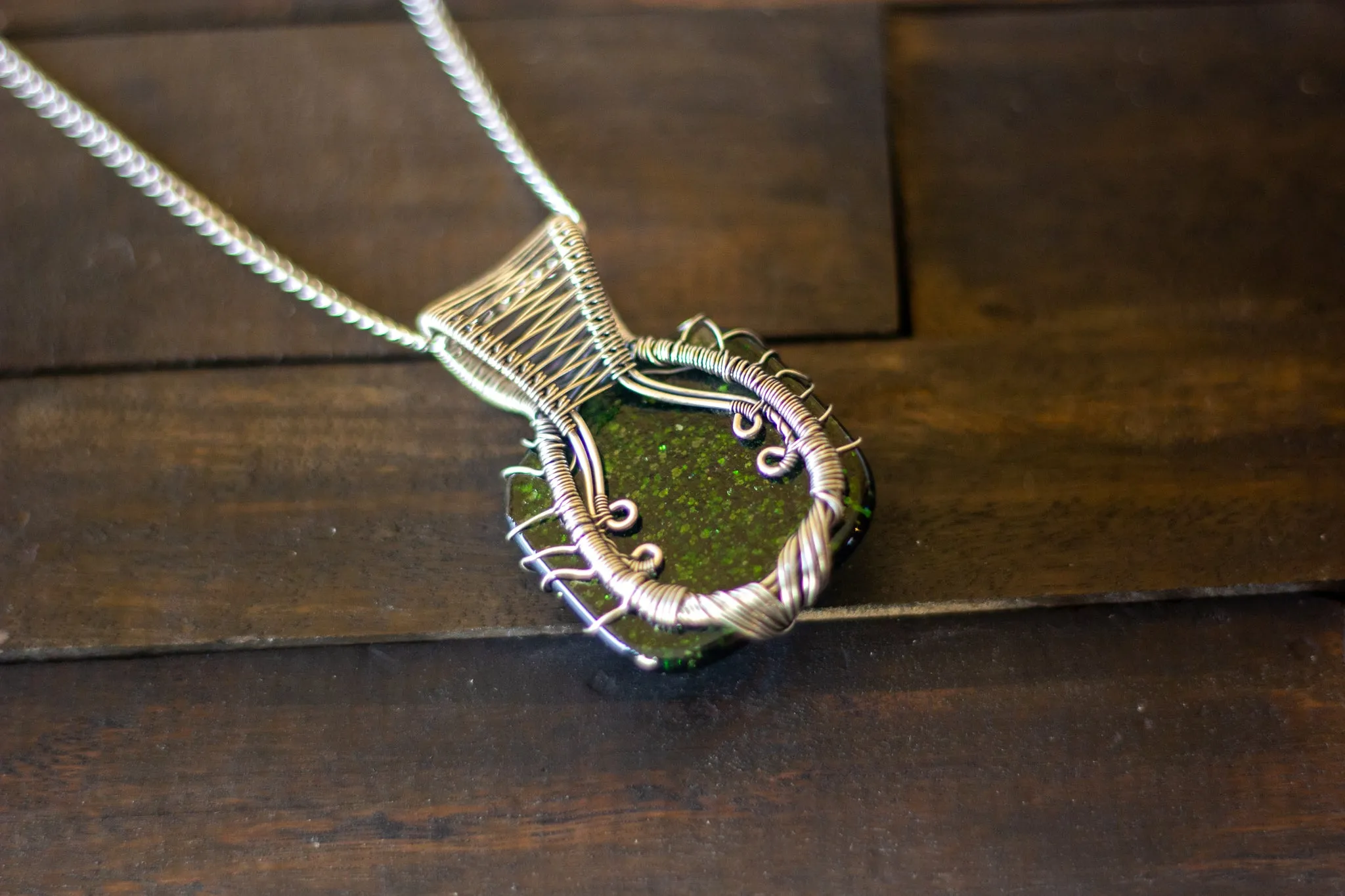 Sterling Silver Tree of Life Pendant with Glittery Dichroic Green Fused Glass