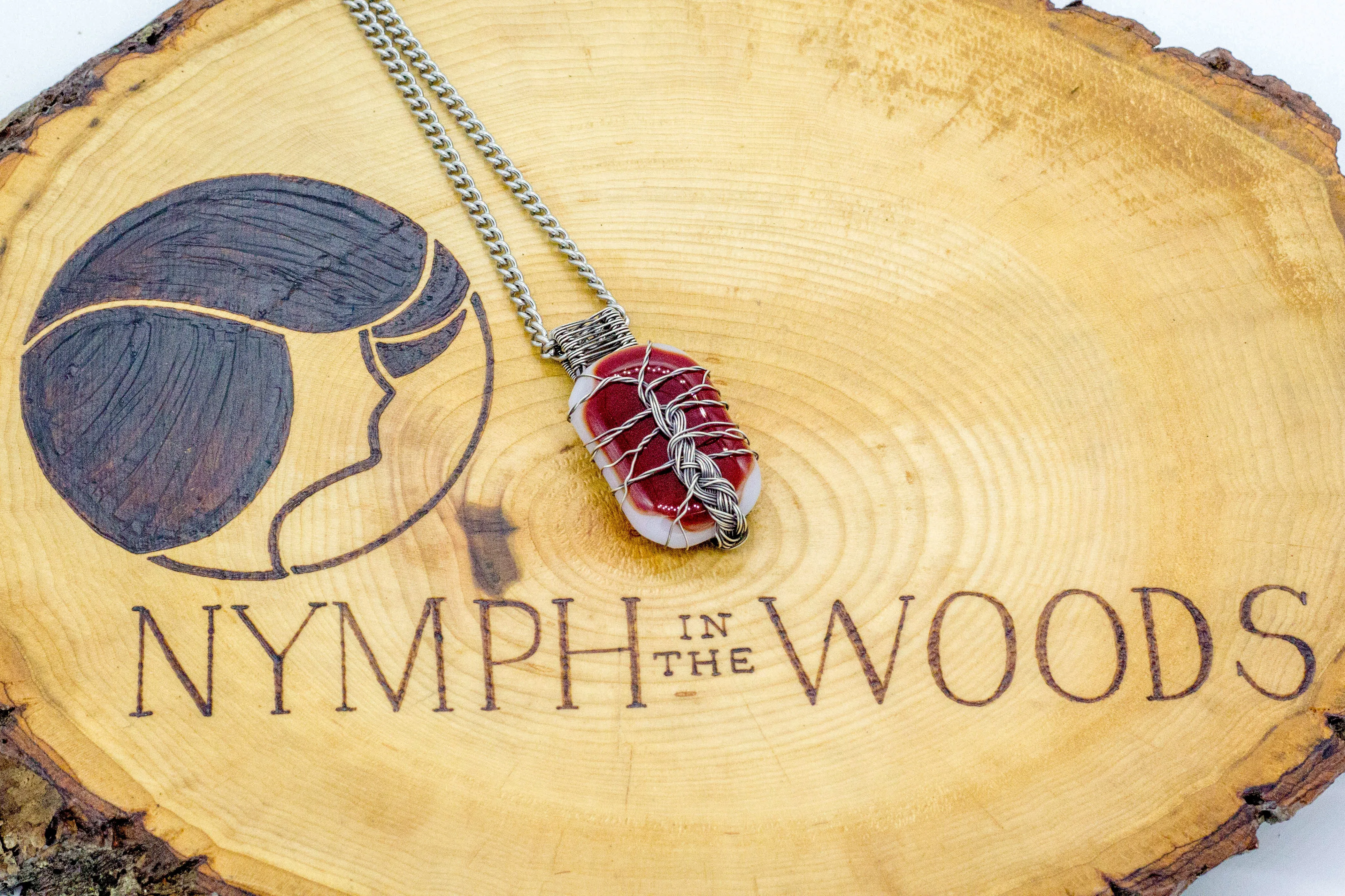 Sterling Silver Tree of Life Pendant with Red and White Fused Glass