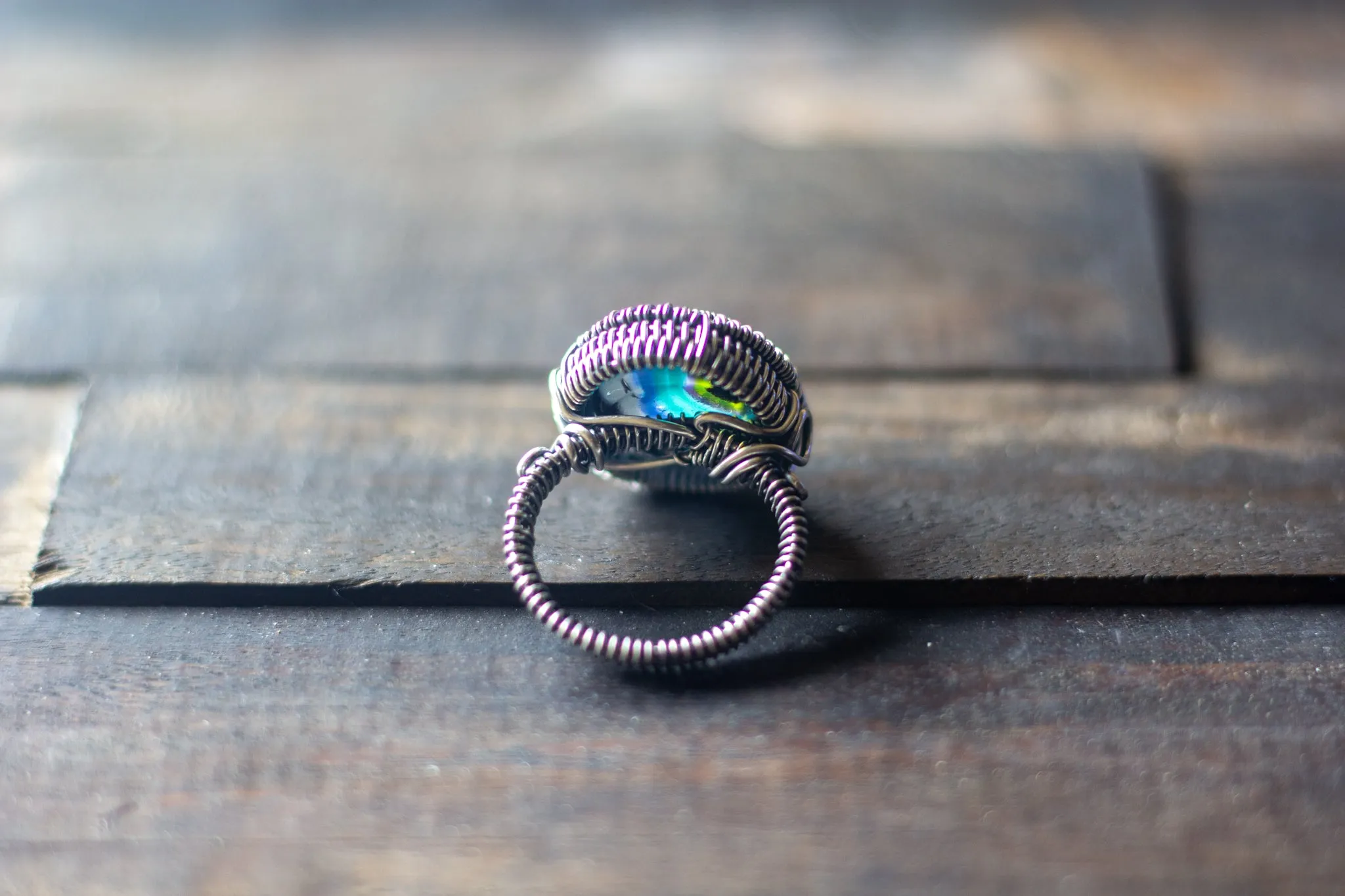 Sterling Silver Wire Wrapped Statement Ring with Streaked Blue and Green Fused Glass