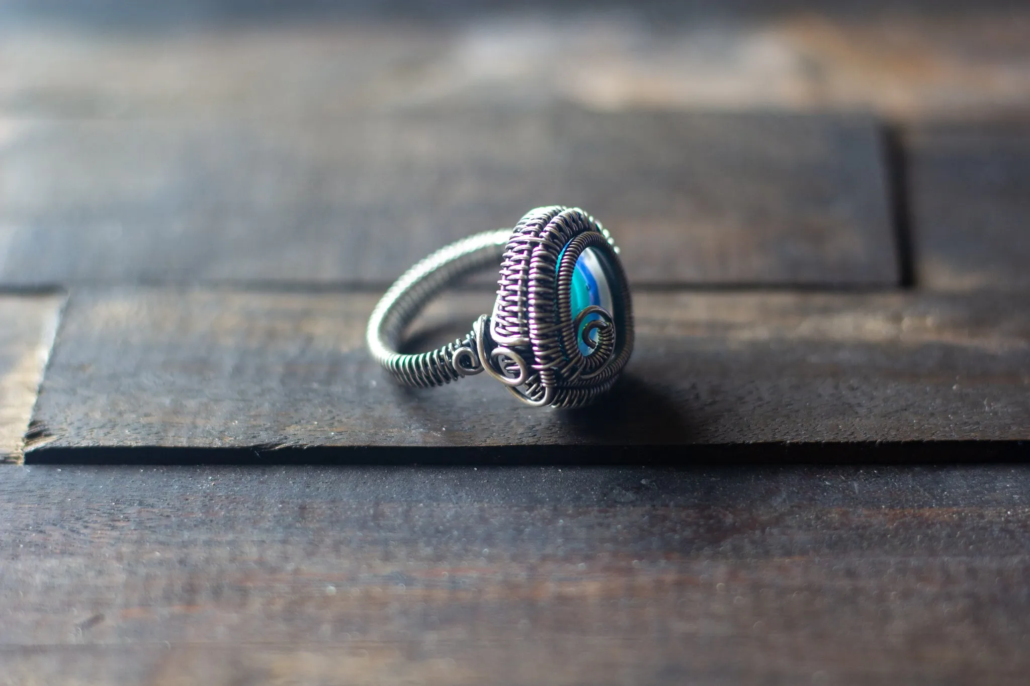Sterling Silver Wire Wrapped Statement Ring with Streaked Blue and Green Fused Glass