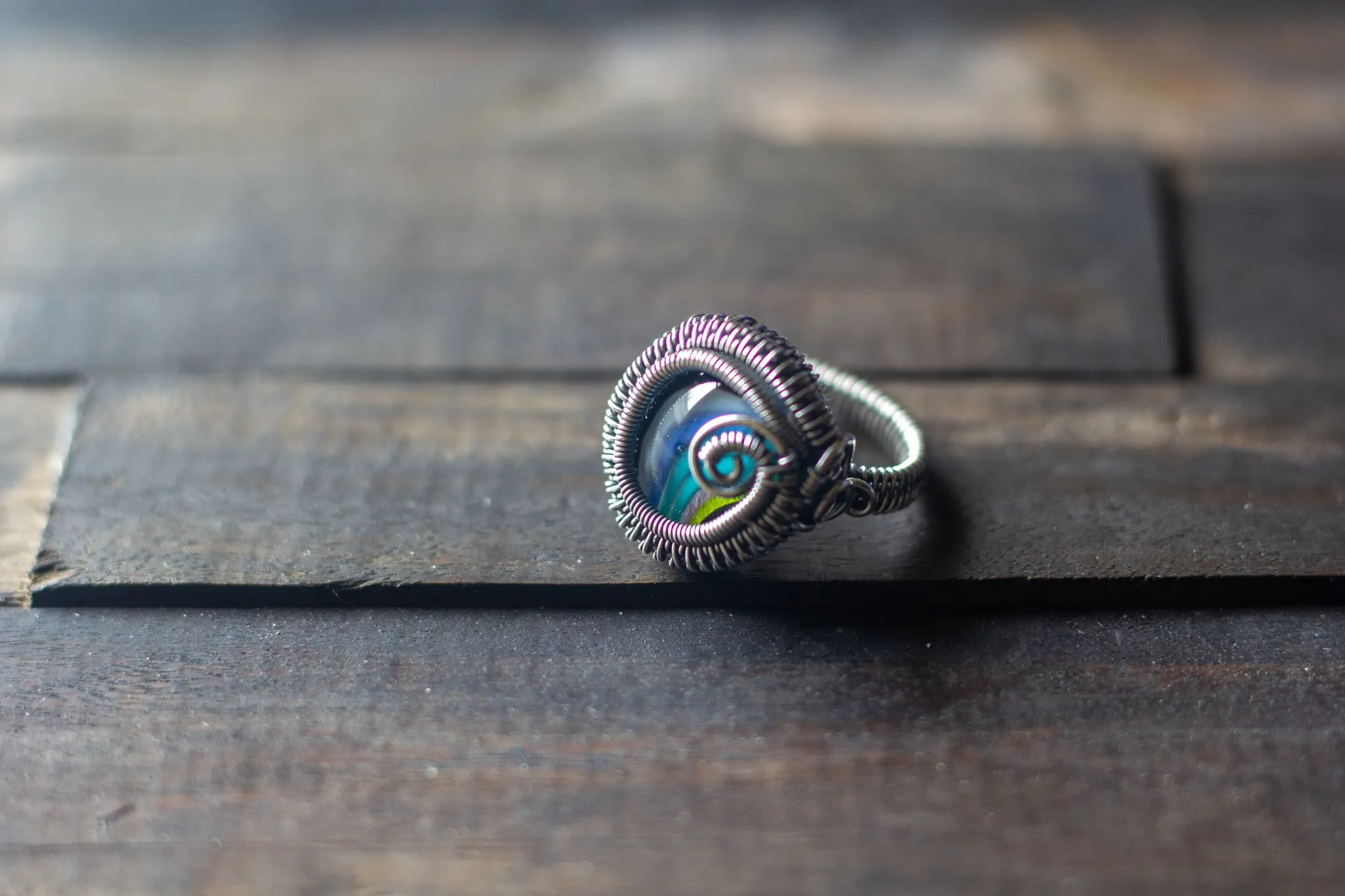 Sterling Silver Wire Wrapped Statement Ring with Streaked Blue and Green Fused Glass