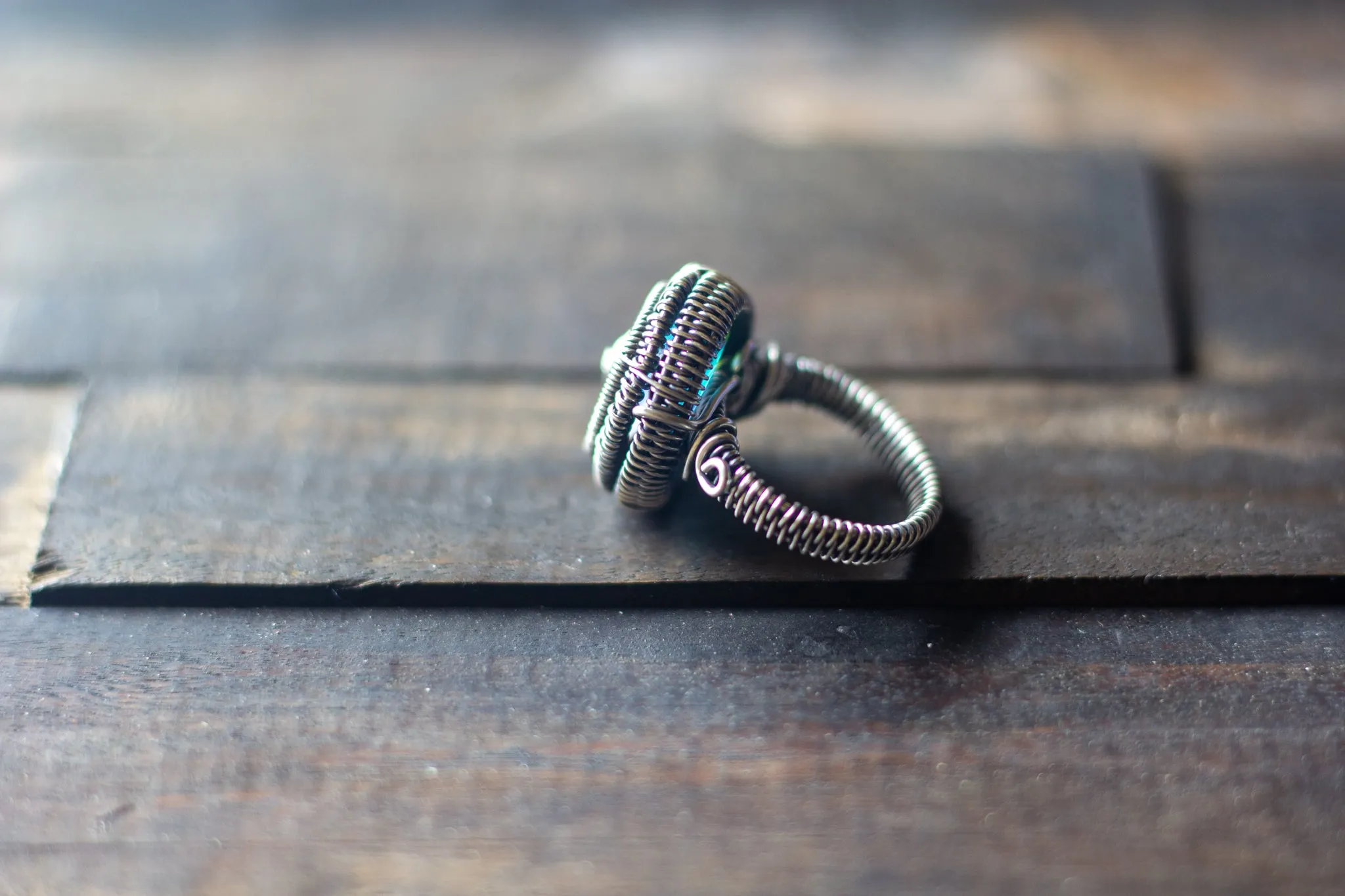 Sterling Silver Wire Wrapped Statement Ring with Streaked Blue and Green Fused Glass