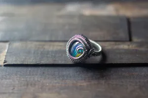Sterling Silver Wire Wrapped Statement Ring with Streaked Blue and Green Fused Glass