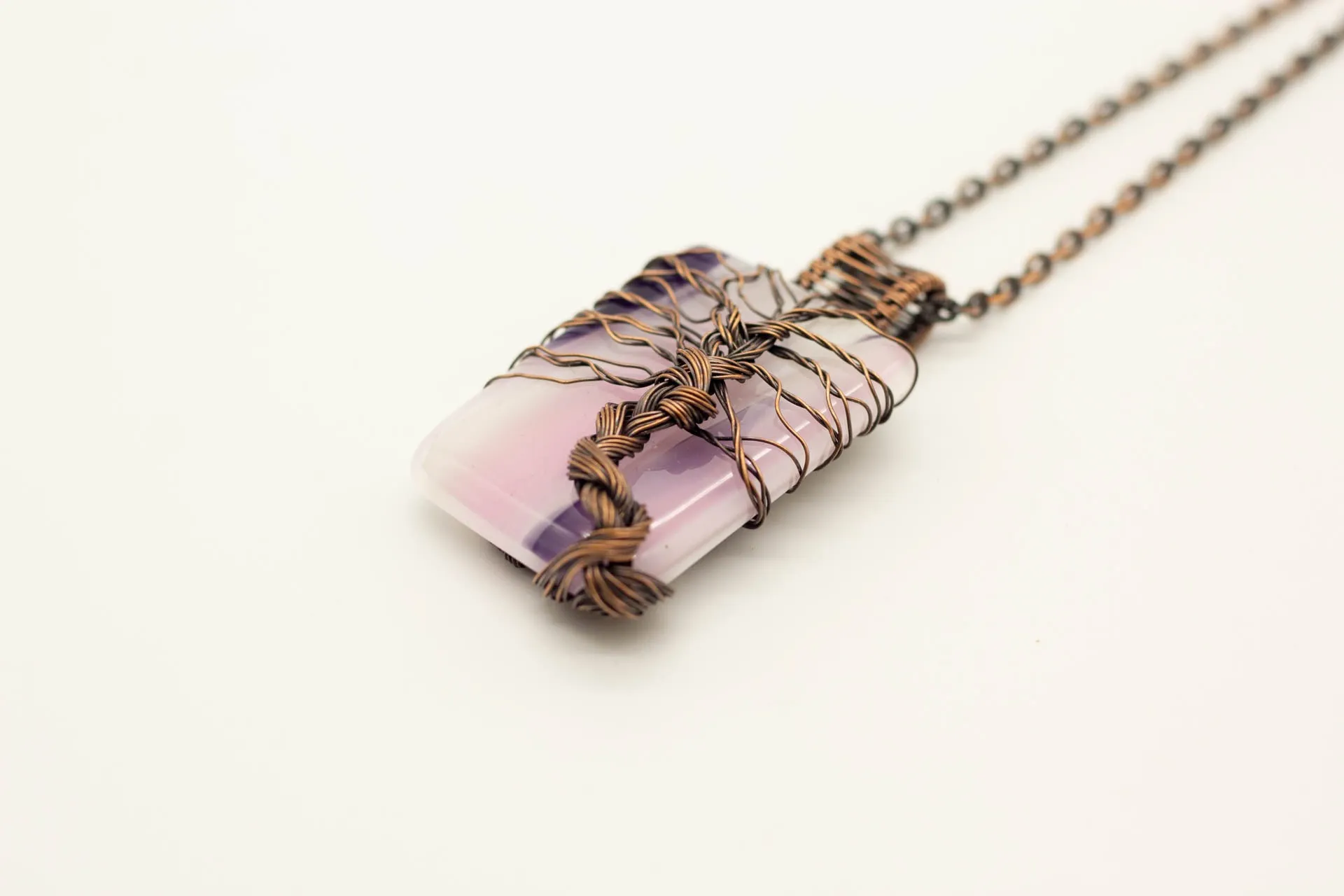 Streaked Pink, Cream, and Purple Fused Glass Pendant with Copper Tree of Life