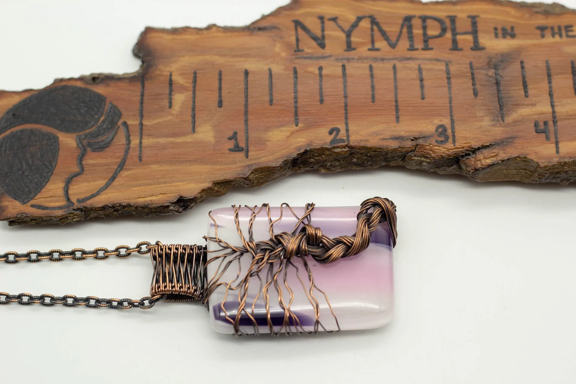 Streaked Pink, Cream, and Purple Fused Glass Pendant with Copper Tree of Life