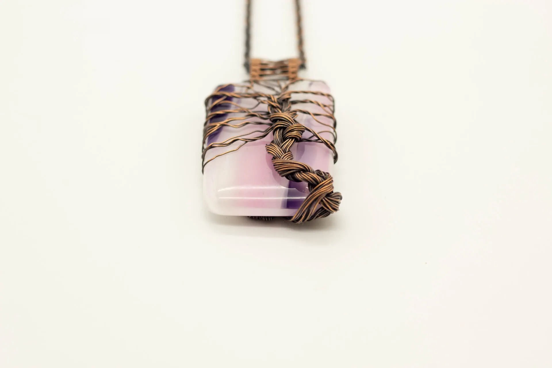 Streaked Pink, Cream, and Purple Fused Glass Pendant with Copper Tree of Life