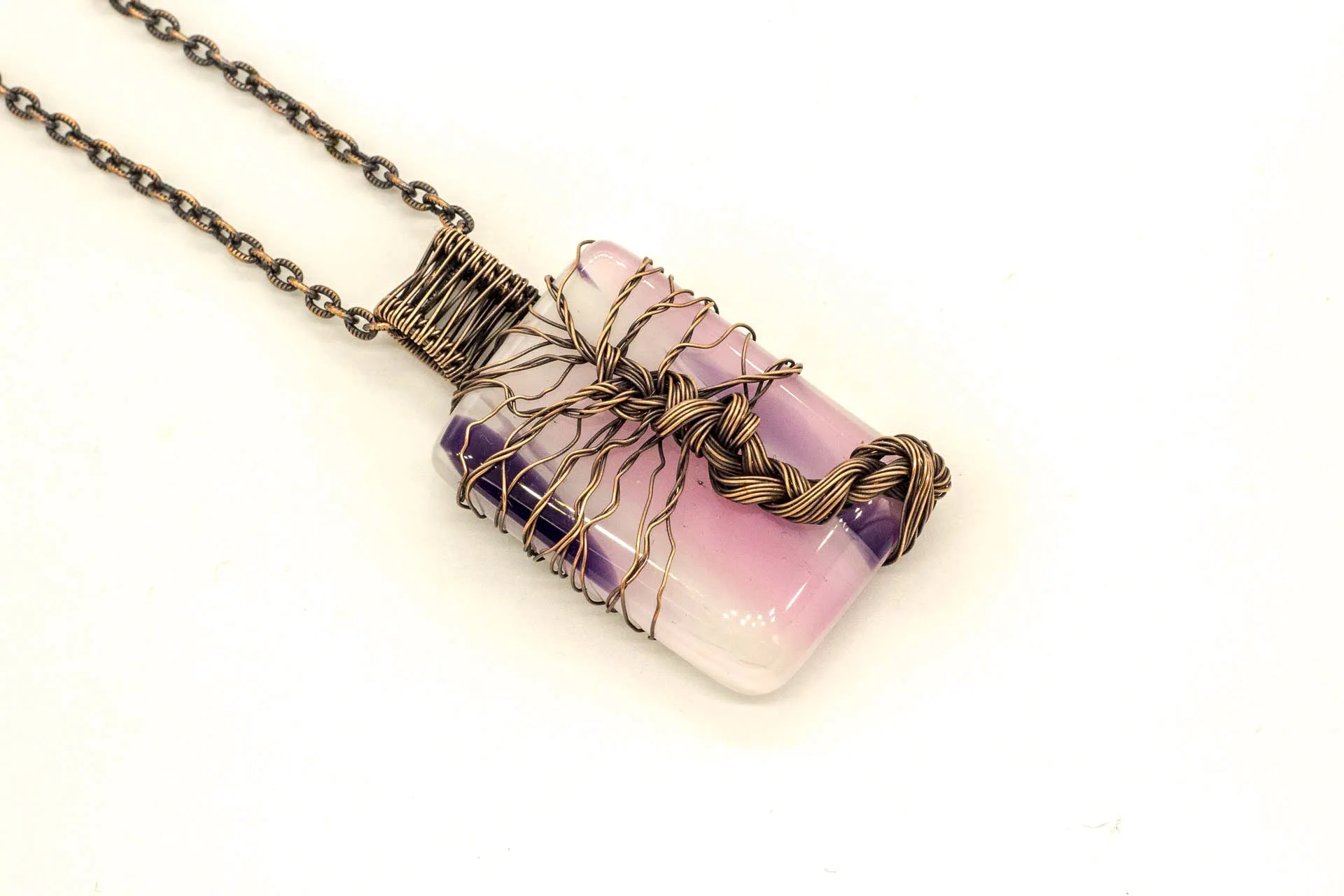 Streaked Pink, Cream, and Purple Fused Glass Pendant with Copper Tree of Life