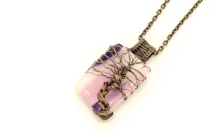 Streaked Pink, Cream, and Purple Fused Glass Pendant with Copper Tree of Life