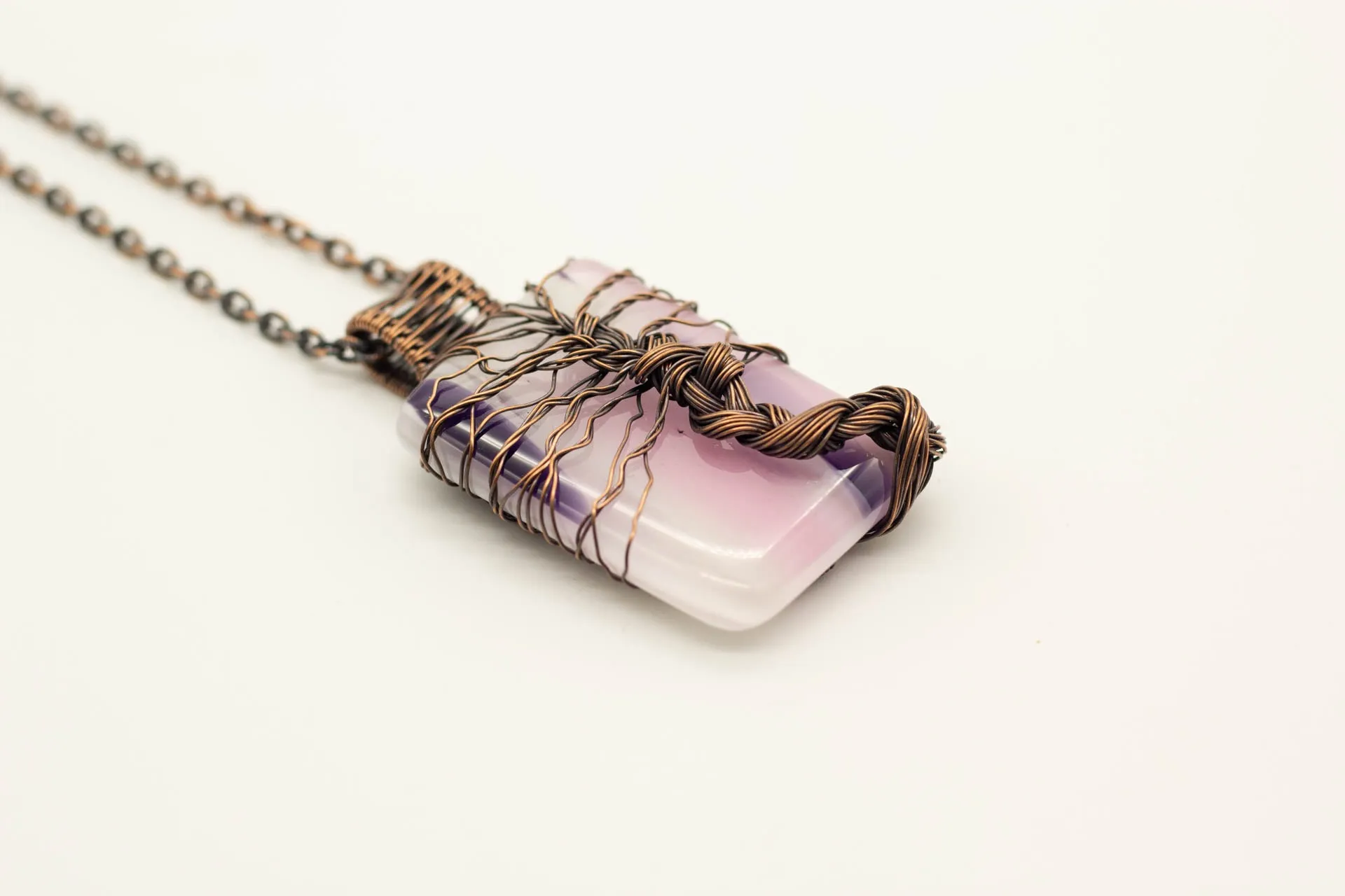 Streaked Pink, Cream, and Purple Fused Glass Pendant with Copper Tree of Life