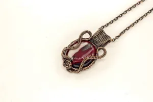 Streaked Red, Black, and White Fused Glass Pendant with Copper Wire Wrapping