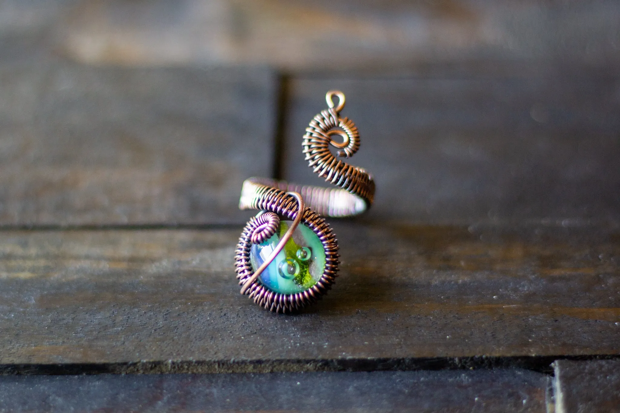 Striped Blue and Green and Copper Adjustable Ring