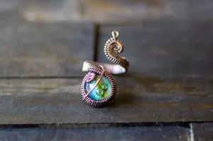 Striped Blue and Green and Copper Adjustable Ring