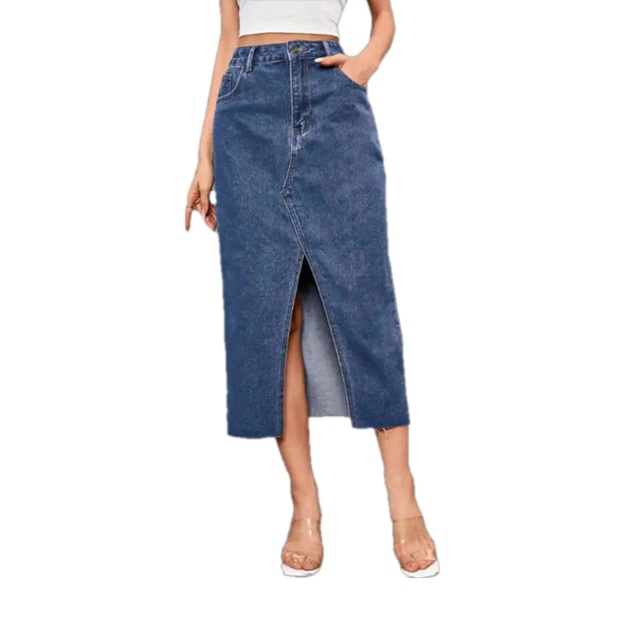 Stylish vent raw hem denim skirt