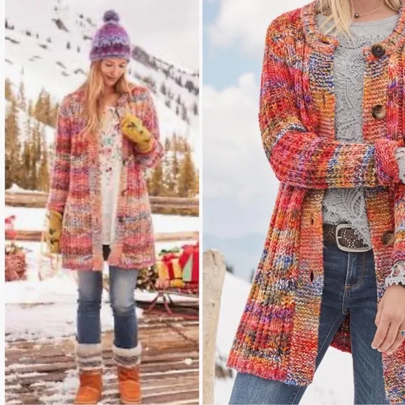 Sundance Pinebrook Long Cardigan Wool Blend Southwest Chunky knit Cozy Size S