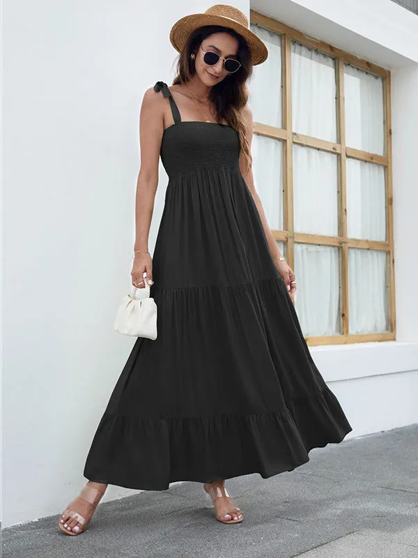 Tie Strap Smocked Tiered  Maxi Dress