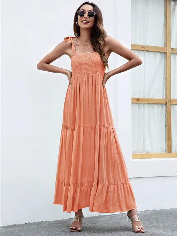 Tie Strap Smocked Tiered  Maxi Dress