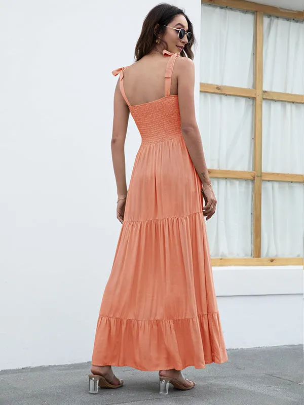 Tie Strap Smocked Tiered  Maxi Dress