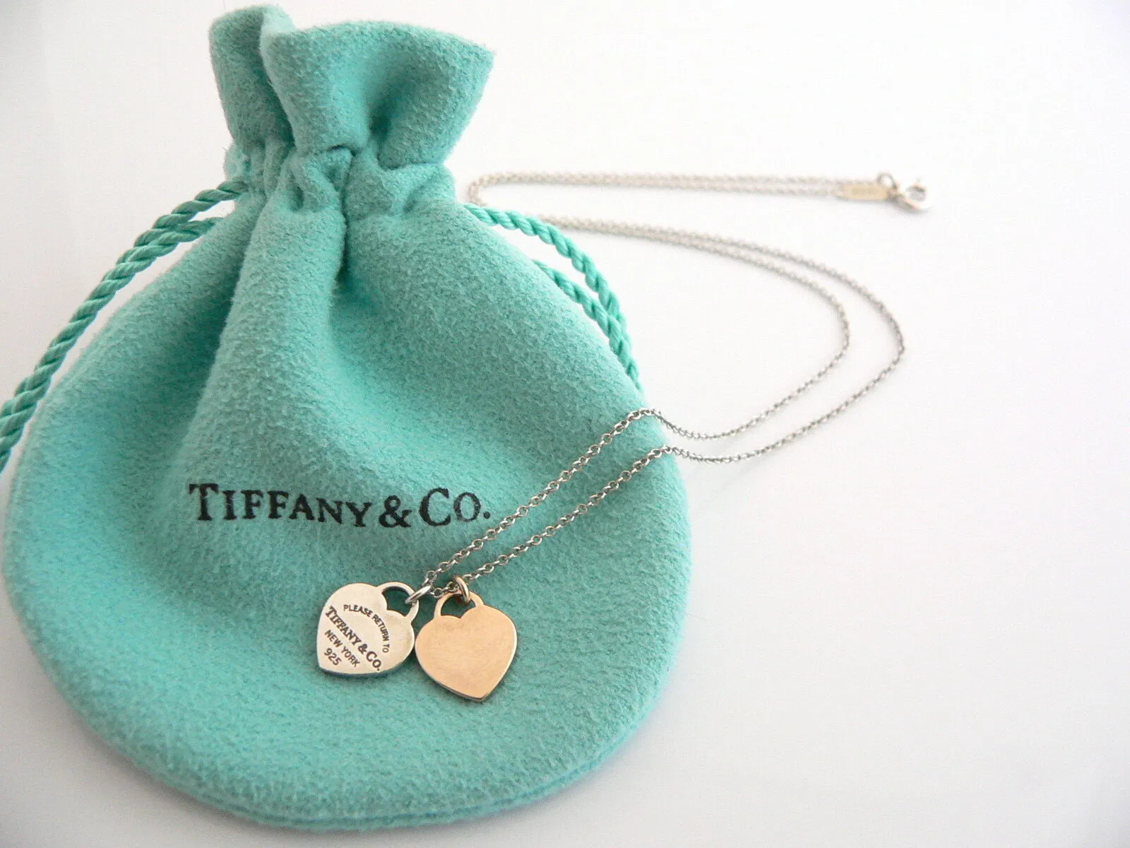 Tiffany & Co Silver 18K Rose Gold Return Two Hearts Necklace Pendant Love Gift 17 Inch Longer Chain