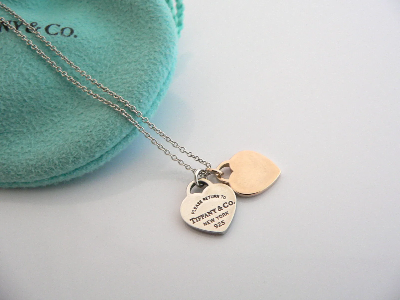 Tiffany & Co Silver 18K Rose Gold Return Two Hearts Necklace Pendant Love Gift 17 Inch Longer Chain
