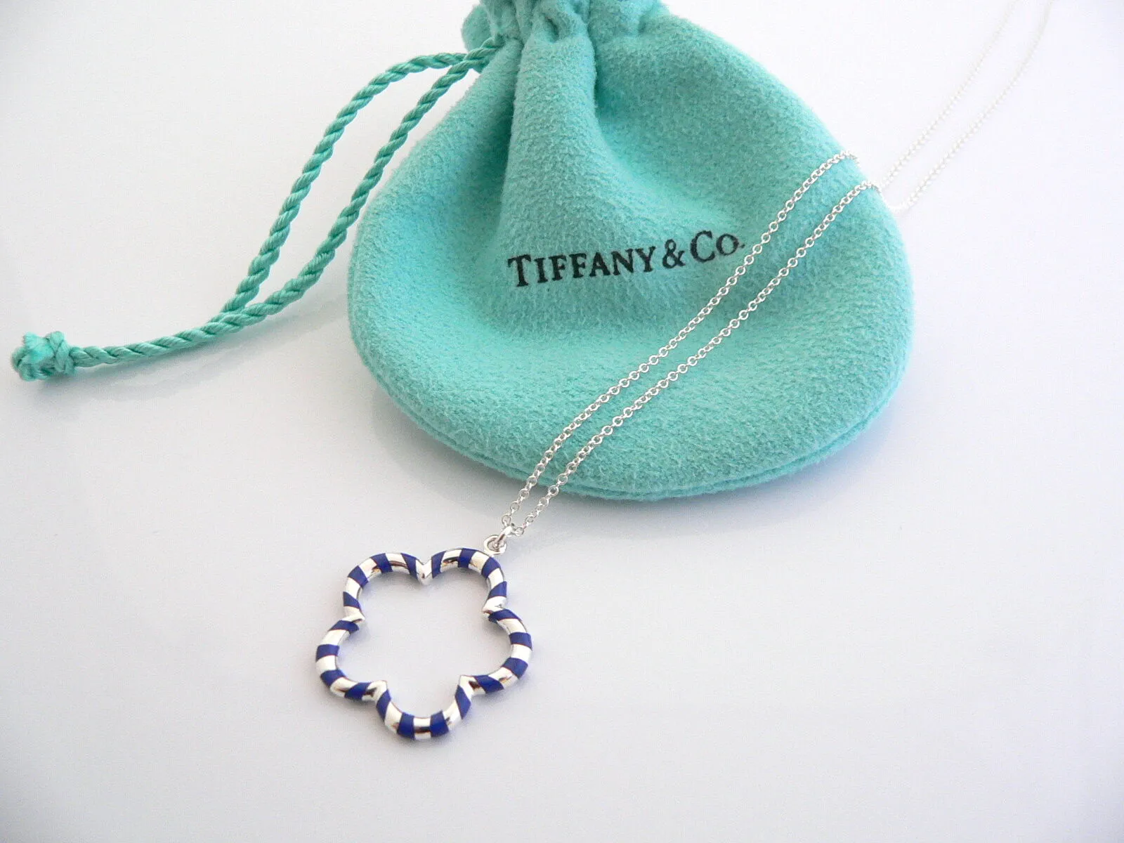 Tiffany & Co Silver Blue Flower Necklace Pendant Charm Chain Palina Gift Pouch