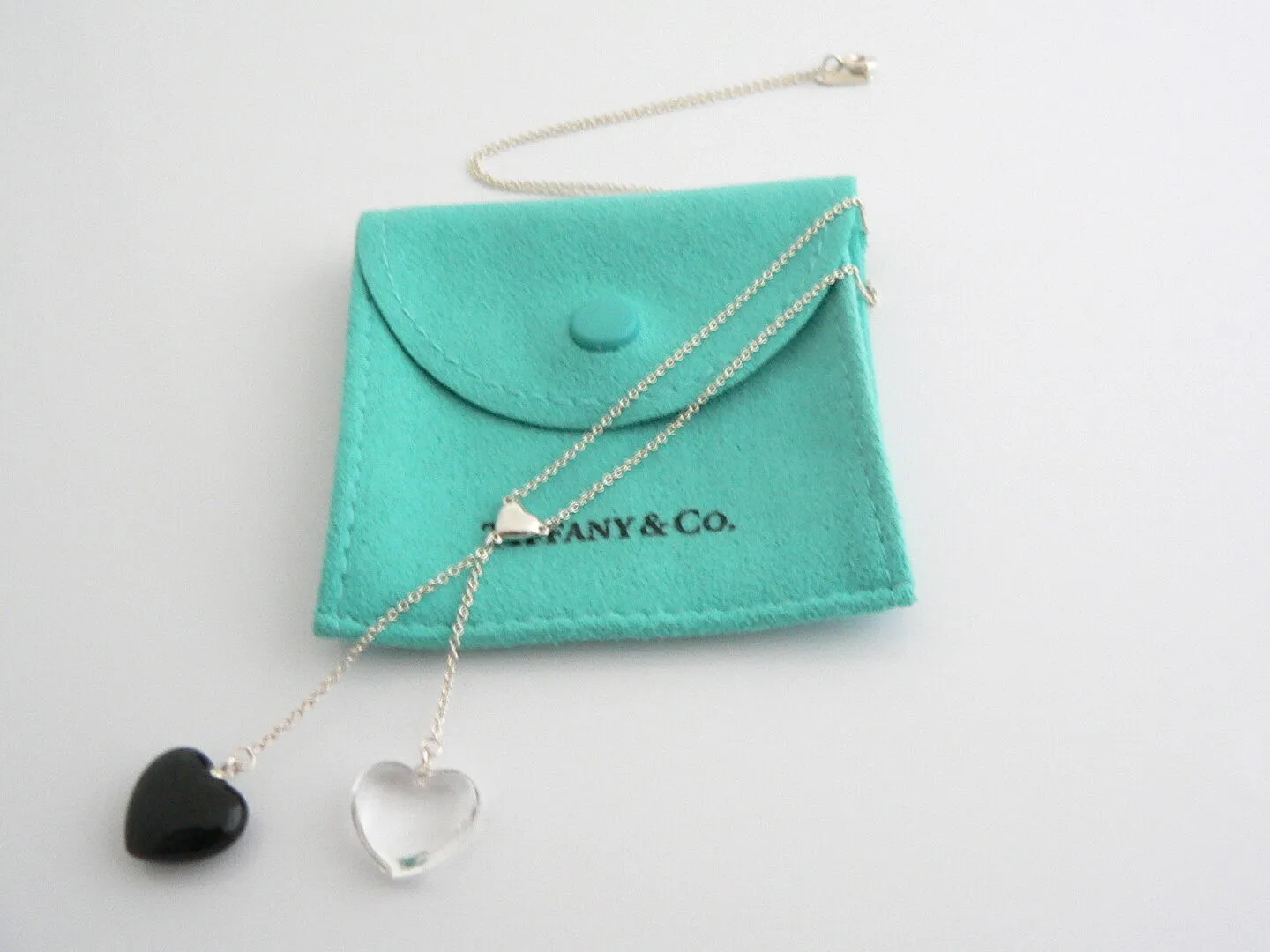 Tiffany & Co Silver Onyx Crystal Gemstone Heart Dangle Necklace Pendant Gift