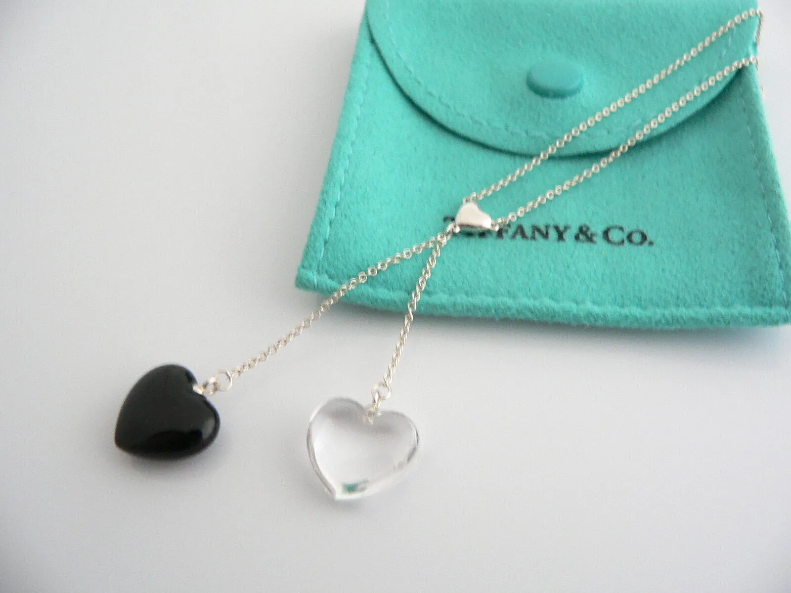 Tiffany & Co Silver Onyx Crystal Gemstone Heart Dangle Necklace Pendant Gift