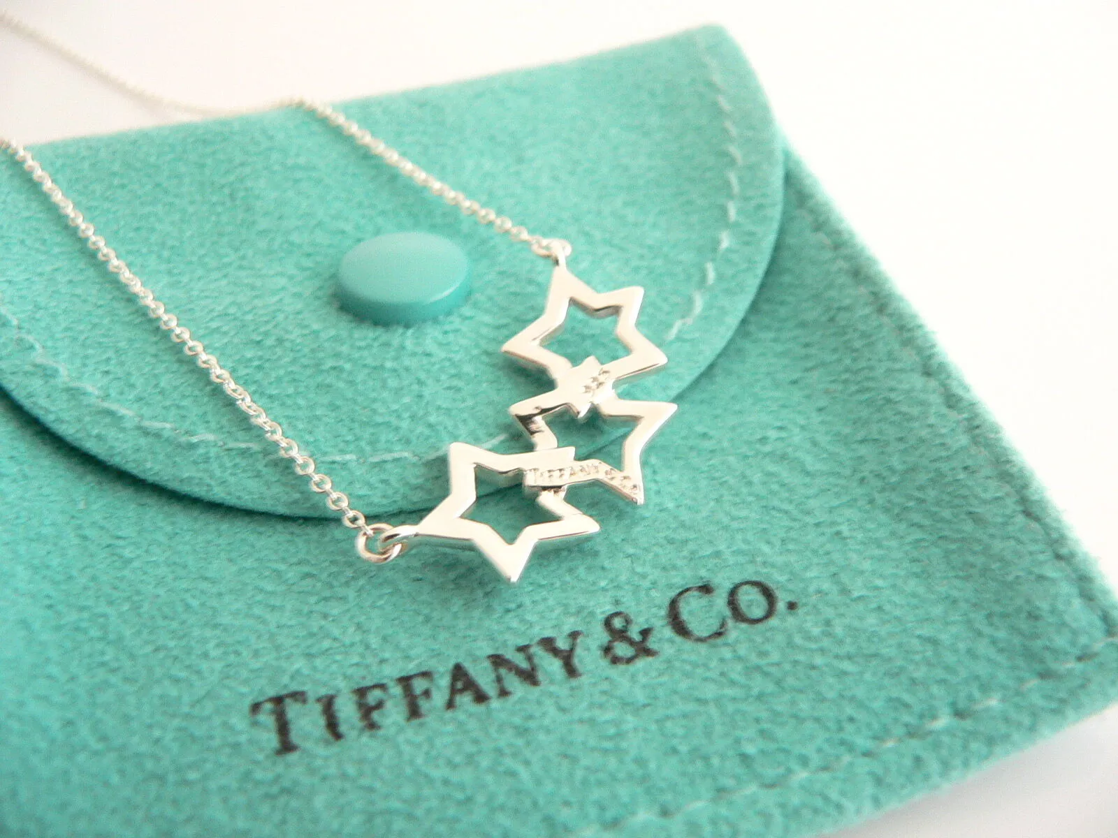Tiffany & Co Silver Triple Stars Necklace Pendant 17.6 inch Chain Gift Pouch