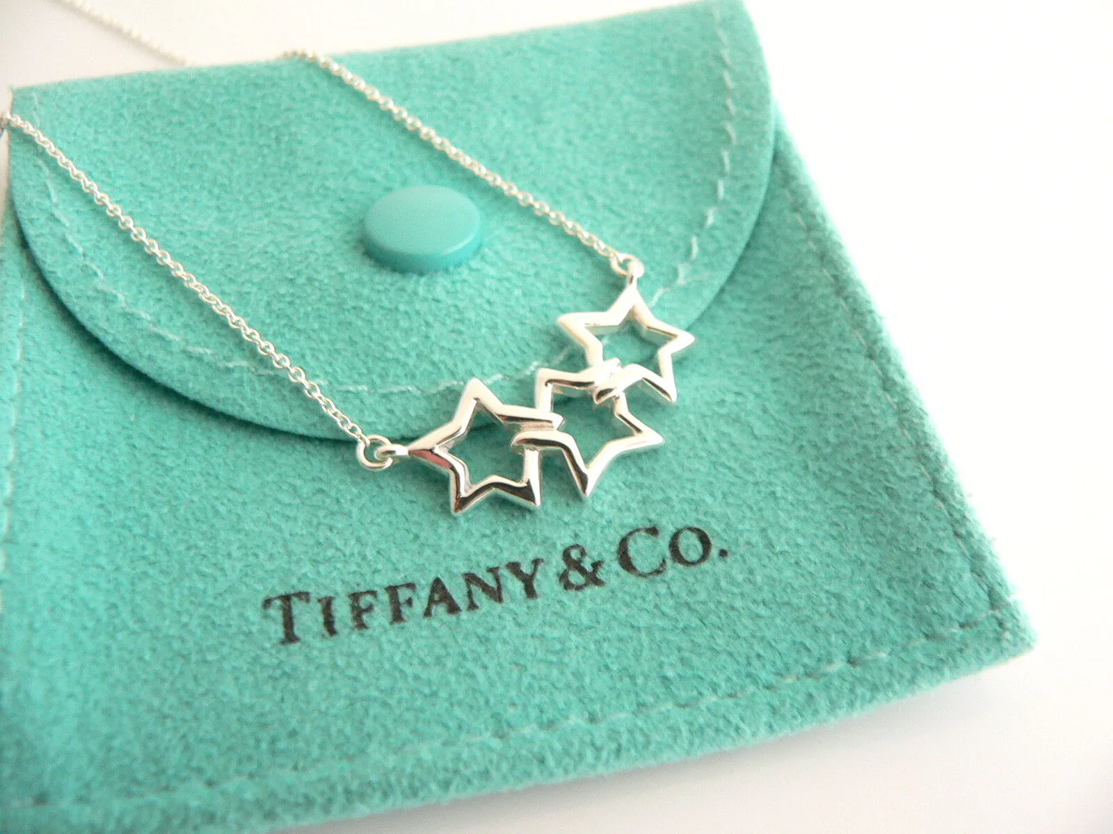 Tiffany & Co Silver Triple Stars Necklace Pendant 17.6 inch Chain Gift Pouch