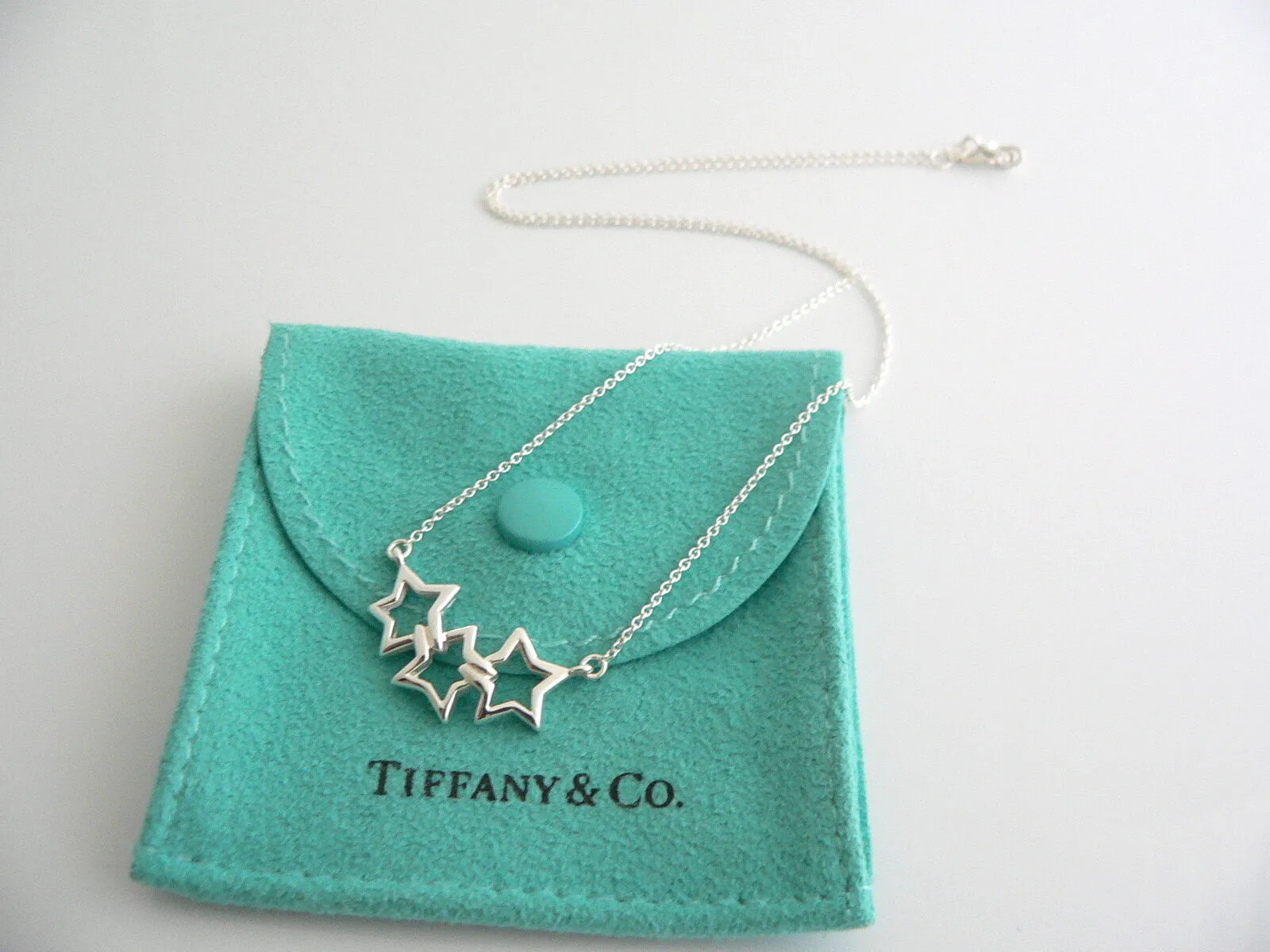 Tiffany & Co Silver Triple Stars Necklace Pendant 17.6 inch Chain Gift Pouch
