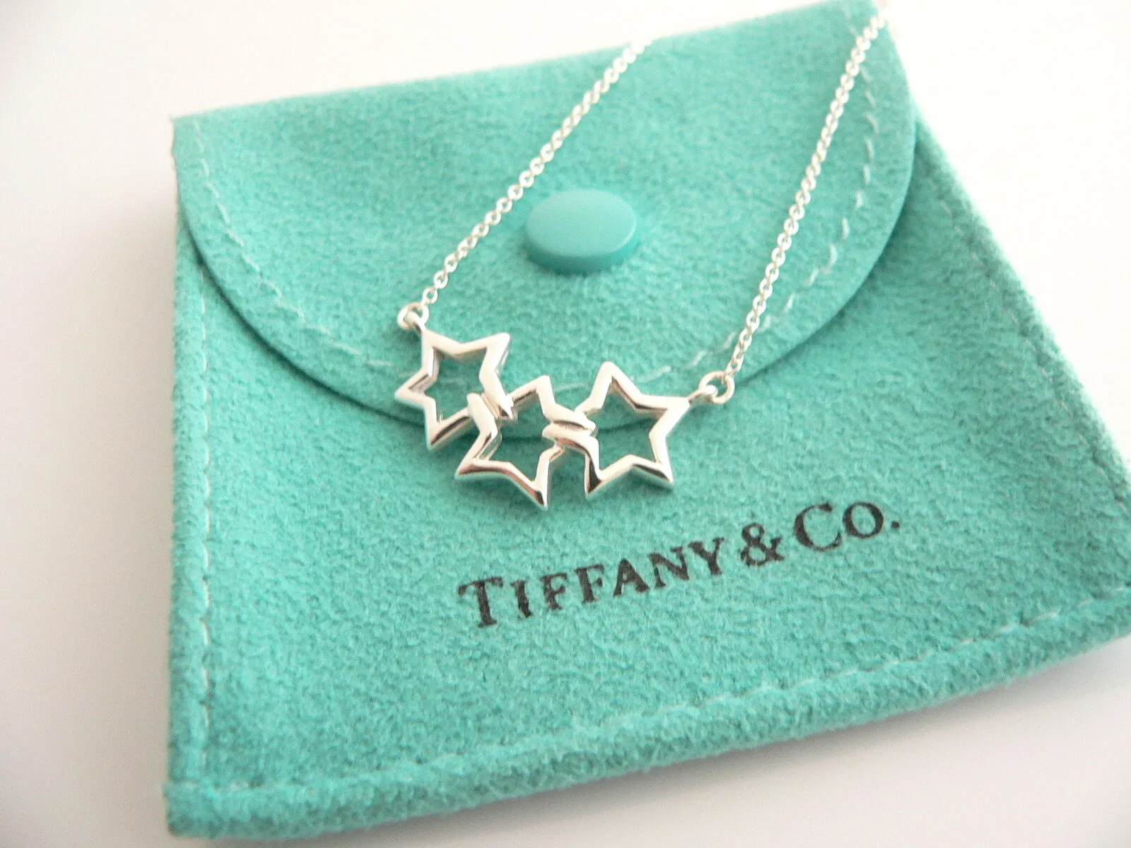 Tiffany & Co Silver Triple Stars Necklace Pendant 17.6 inch Chain Gift Pouch