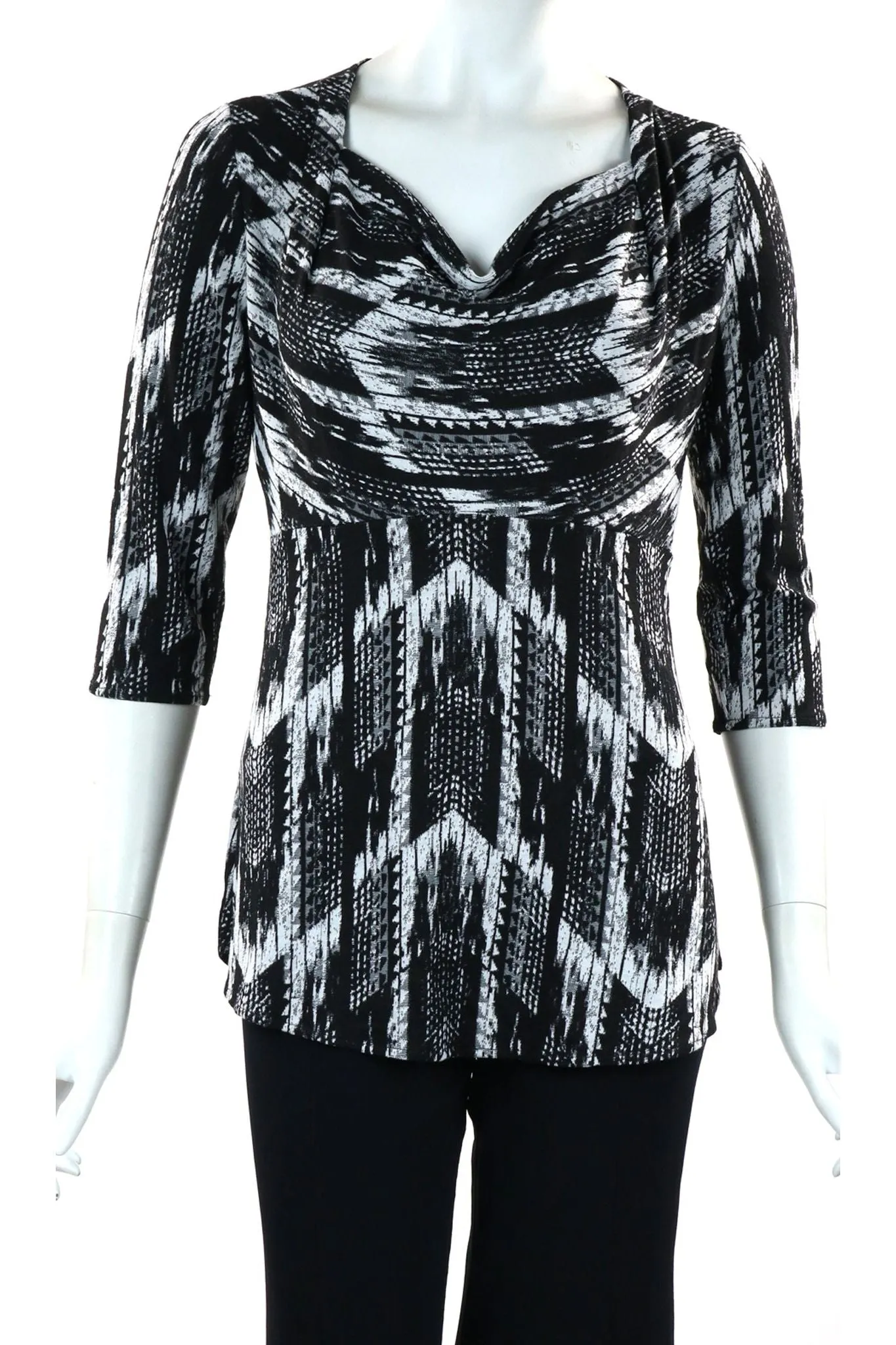 TRUDIE 3/4 Sleeves Empire Waist Cowl Neck Jacquard Top