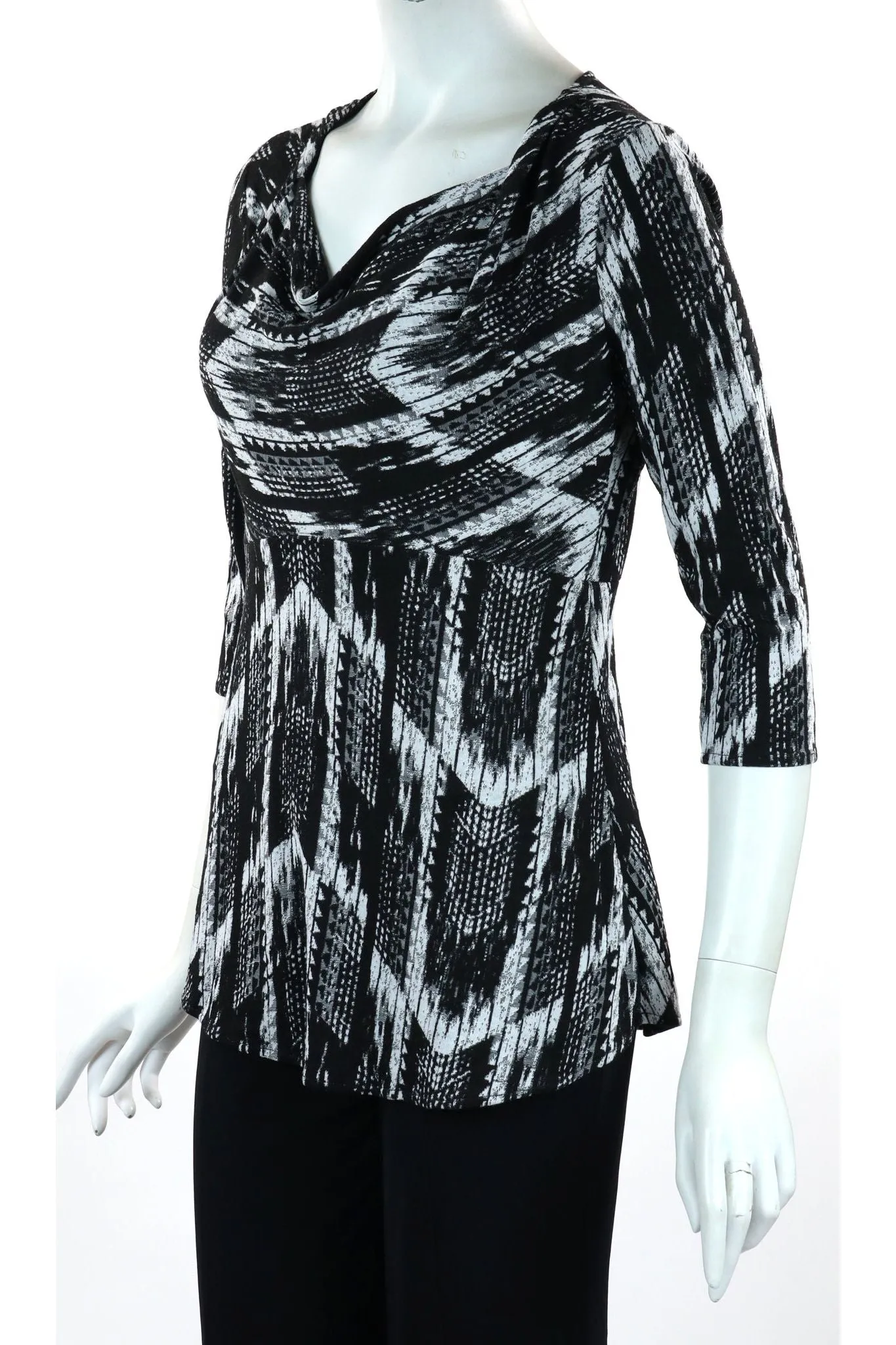 TRUDIE 3/4 Sleeves Empire Waist Cowl Neck Jacquard Top