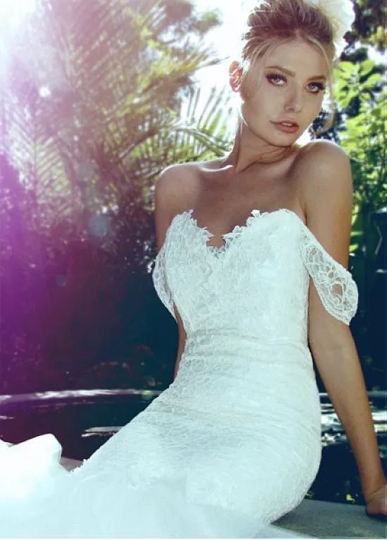 Tulle Skirt Mermaid Style Wedding Dress with Lace Off-the-shoulder Bodice