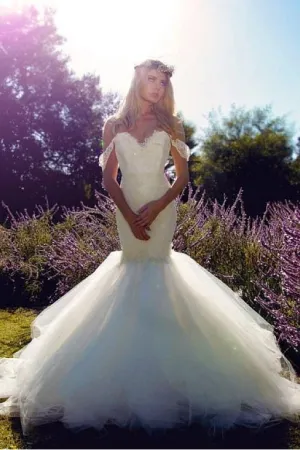 Tulle Skirt Mermaid Style Wedding Dress with Lace Off-the-shoulder Bodice