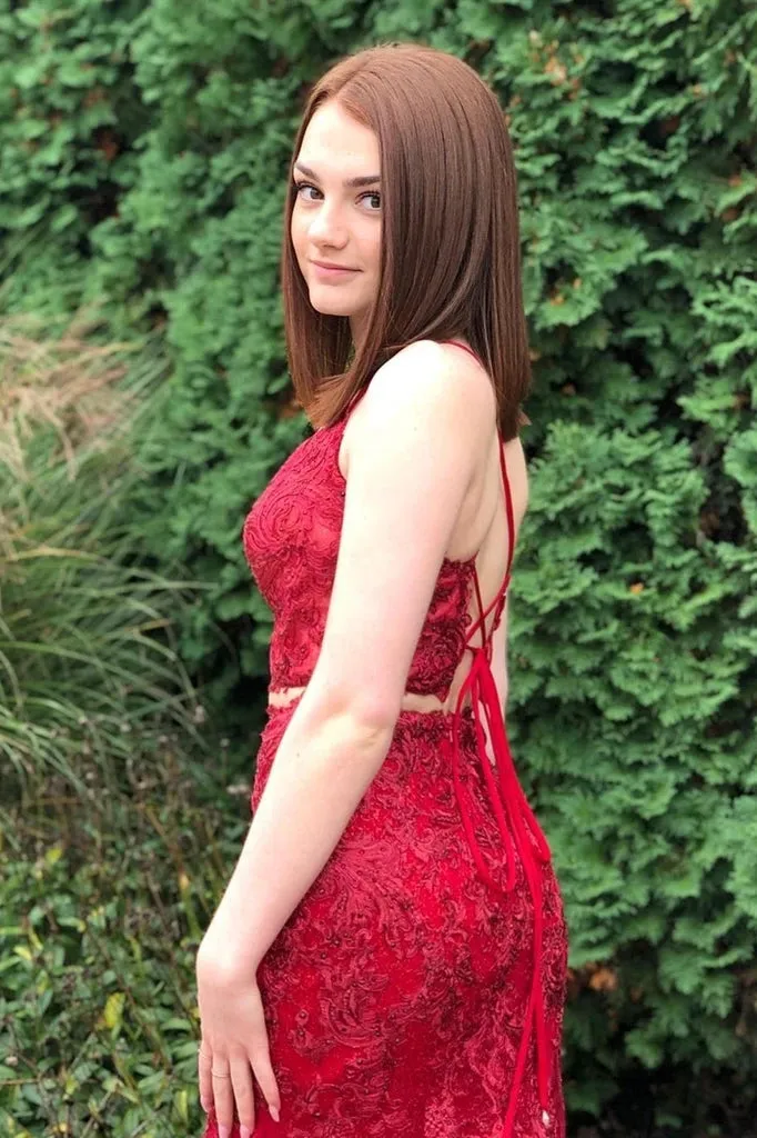 Two Piece Burgundy Prom Dresses Lace Long Evening Gowns Cross Back