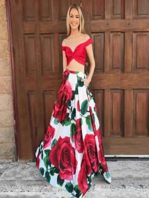 Two Piece Spaghetti Straps Floral Red Satin Prom Dresses with Bow Pockets, QB0252