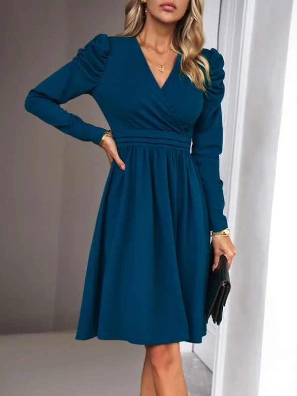 V-neck A-line Dress with Puff Sleeves and Wrap Bodice