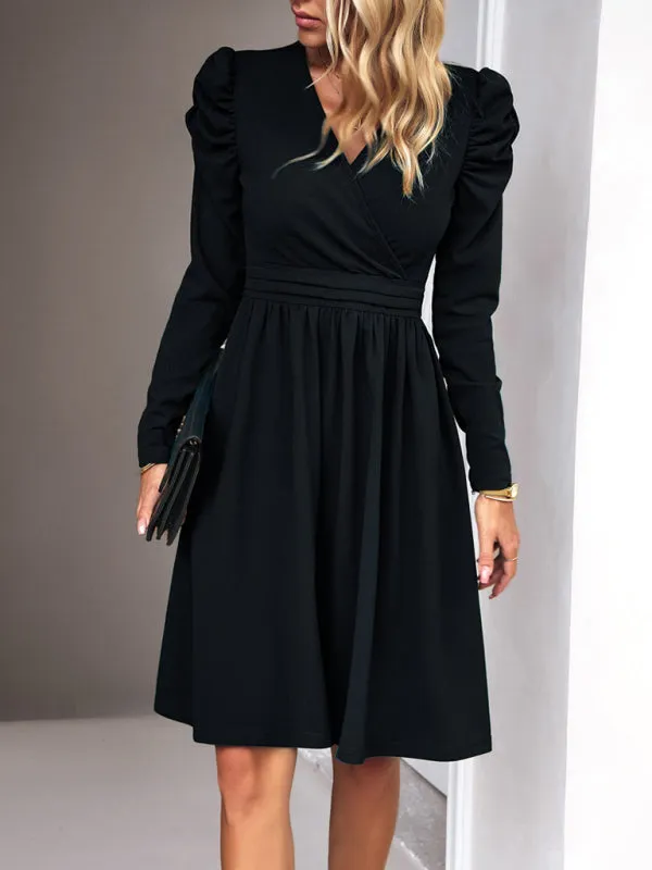 V-neck A-line Dress with Puff Sleeves and Wrap Bodice