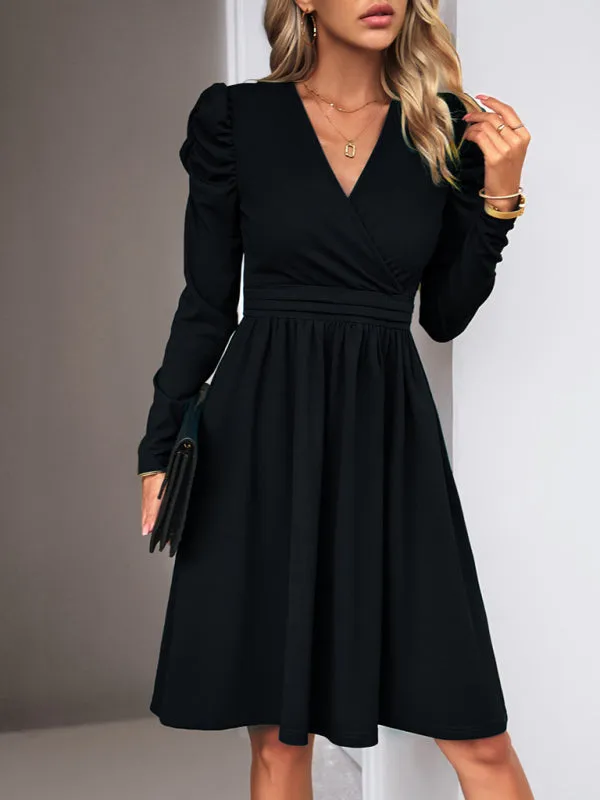 V-neck A-line Dress with Puff Sleeves and Wrap Bodice
